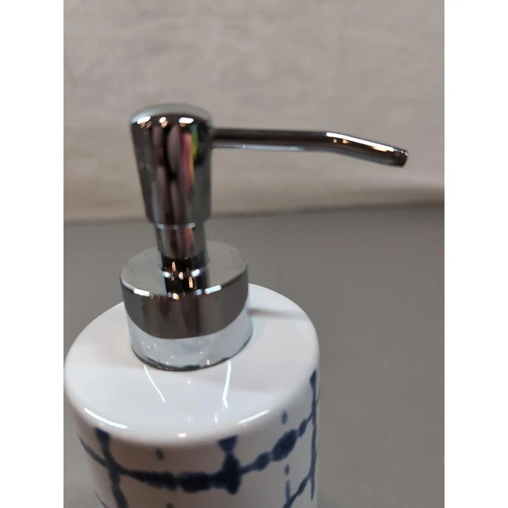 DKNY 3 Piece Ceramic Bath Set Blue Grid Soap Dispenser Toothbrush Holder Dish